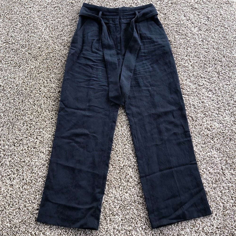 Veronica Beard Jacquard Pants Size 4 Blue High Rise Wide‎ Leg Belted Linen Blend